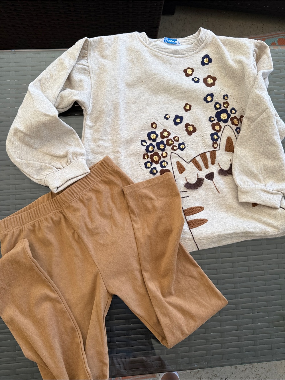 Mayoral Cream Cat Sweatshirt & Brown suede Pants Kids Matching Set